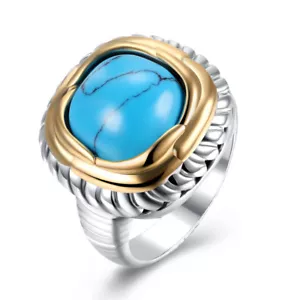 Platinum Plated Halo Ring Womens Gold Kallaite Stone Blue B505 - Picture 1 of 7