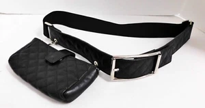 Suzi Roher Black Quilted Leather Stretch Fabric Waist Pouch Belt sz L - Picture 1 of 6