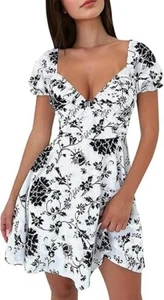 Relipop Floral Mini Dress V Neck Ruched Bust, Ruffle Short Sleeve, White, Small - Picture 1 of 3