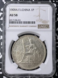 1909-A French Indo-China 1 Piastre NGC AU58 Lot#G9481 Large Silver! - Picture 1 of 3