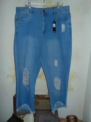 Boohoo Distressed Jeans Women's High Rise Raw Hem Mom Blue 16 Festival Grunge - Image 1 of 4