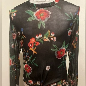 Y2K Sheer Bodysuit Womens 2X Black Floral Long Sleeve Textured Nylon Blend Fairy - Picture 1 of 6