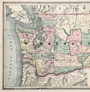 1885 MAP WASHINGTON - Original (12x9) CRAM - SEATTLE SPOKANE TACOMA VANCOUVER - Bild 1 von 5