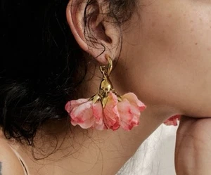 Anthropologie Hoop Flower Earrings Gold Fabric Cloth Boho CZ Petal Pink Huggie - Picture 1 of 9