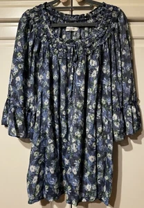 VALERIE 3/4 Flared Sleeve BLUE/WHITE Floral Chiffon String Tie Tunic Blouse 5XL - Bild 1 von 12