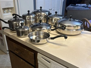 Vintage 16 Stück Farberware Aluminium plattiert Töpfe Pfannen Pfannen Deckel Set Posten - Bild 1 von 14