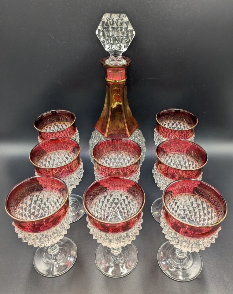 Vintage Set of Indiana Glass Co. Ruby Flash Diamond Point Decanter & (8) Glasses - Image 1 of 4