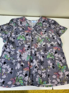 Scrubs Top size 2X Gray Multi Butterflies Dragonflies SB Scrubs   Medical Dental - Picture 1 of 5