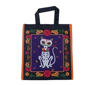 Cat Day Of The Dead Black Bag Cat Dogs Sugar Skull Reusable New Grocery Bag   - Picture 1 of 10