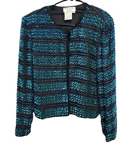 Papell Boutique Evening Womens Sequined Jacket L Black/Blue Silk & Polyester - Picture 1 of 8