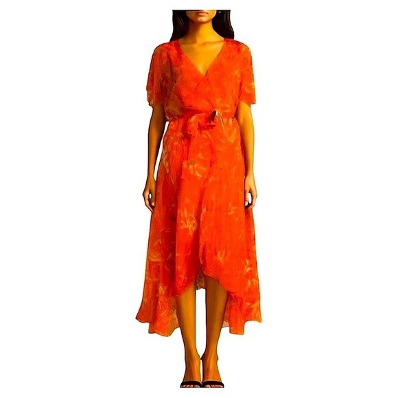 Floral Sheer Mesh Wrap Dress Coral Red Ruffle Hi-Low Sundress Party Wedding  XL Foto 1 de 4