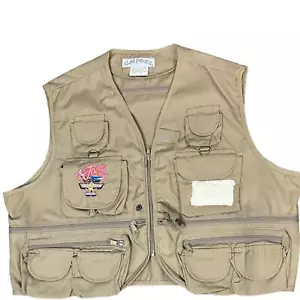 Camel ”Joes Fish and Game Club” Large khaki Outdoorsman Zip Vest - Picture 1 of 11