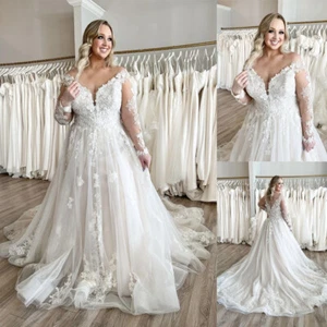 Plus Size Beach Wedding Dresses Lace Sweep Train V Neck Long Sleeve Bridal Gown - Picture 1 of 10