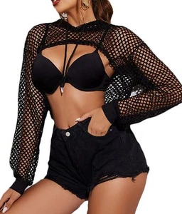 Black Fishnet Top Long Sleeve Crop Top Hoodie Mesh T Shirts for Women Black XL - Picture 1 of 7
