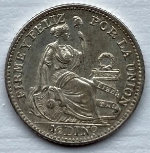 1908 Peru 1/2 Dinero Coin 0.90 Silver KM#206.2 BU Mint Condition SB6973 - Bild 1 von 2