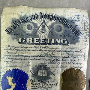 Antique 1900s A.B. Washburn Masonic Greeting Certificate Note & Apron Historical - Picture 1 of 12