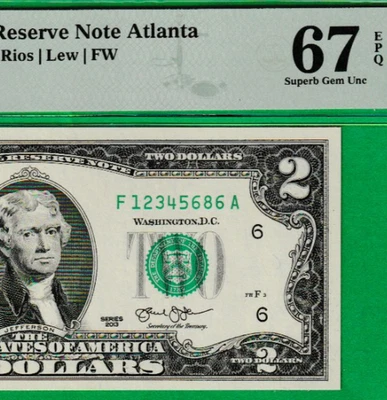 $2  TWO DOLLAR Federal Reserve note LADDER Serial Numbers 1-2-3-4-5-6-8-6 PMG 67 - Image 1 of 3
