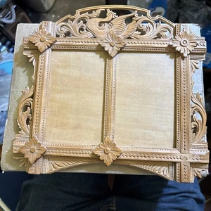 Aufwendige Laubsägearbeit Volkskunst Holz Kreuz DOPPEL BILDERRAHMEN - Bild 1 von 23
