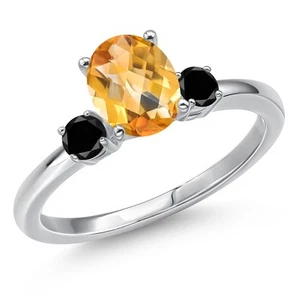 1.45 Ct Oval Checkerboard Yellow Citrine Black Diamond 14K White Gold Ring - Picture 1 of 6