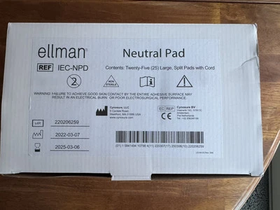 ELLMAN/CYNOSURE New Ellman Electrosurgical Neutral Pad Box 25 Large Pads w/Cord IEC-NPD