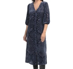 Johnny Was Ryan Alixa Midi Dress Burnout Silk Velvet Blue Sapphire M; NWT - Picture 1 of 21