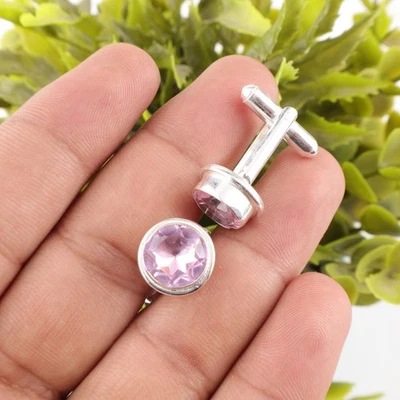 Gemelos de plata de ley 925 con piedras preciosas de morganita rosa para hombre joyería regalo para Foto 1 de 3