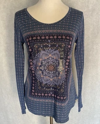 LUCKY BRAND Size M Blue Geometric Floral Long Sleeve Cotton Blend Shirt Top NEW - Image 1 of 4
