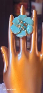 Turquoise/Gold Embossed Ring Blue and Green rhinestones Sz 6-Adjustable - Picture 1 of 8