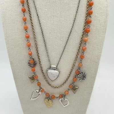 LUCKY BRAND 3 Strand Layered Necklace Gold & Silver Tone Coral Color Beads 20" - Image 1 of 4