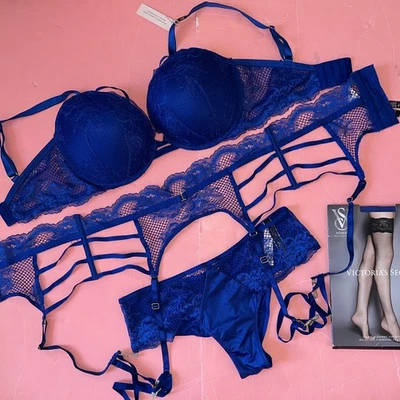 Victoria's Secret 34DD, 34DDD SUJETADOR CONJUNTO + liga + S panty neón AZUL remo rejilla índigo Foto 1 de 4