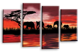 Elephant Wall Art Orange Red Animal Sunset Framed Canvas Print Split Set - Picture 1 of 5