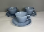 3 x Woods Ware Iris Blue Tea Cups and Saucers (Vintage Utility)