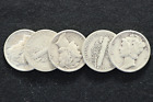 Lot of 5 Mercury Dimes 90% Silver Readable Dates 1916-1945 - Free Shipping!