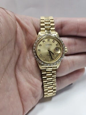 Vintage Geneve Solid 14 K Gold Watch Date Diamonds Swiss Quartz Movement 60.5 gr - Image 1 of 4