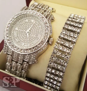 Men HipHop Iced Bling White Gold Simulated Diamond WATCH & BRACELET Gift Set - Picture 1 of 8