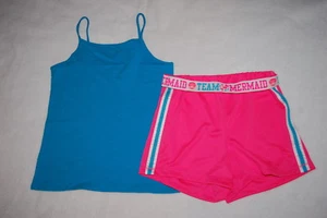 Girls Outfit TURQUOISE CAMI TANK TOP Pink Shorts TEAM MERMAID Athletic XL 14-16 - Picture 1 of 1