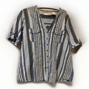 Roaman’s Women's Size 22W Button-up Short Sleeve Shirt Cotton Blue Stripes - Picture 1 of 4