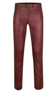 Mens Biker Jeans Real Burgundy Or Cow Leather Sleek And Sexy 501 Style Pants New - Picture 1 of 6