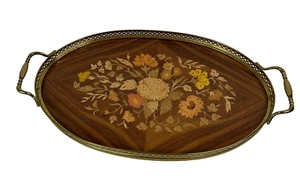 Italian Marquetry WOOD INLAID TRAY Oval Brass Galley w Handles Vintage - Picture 1 of 16