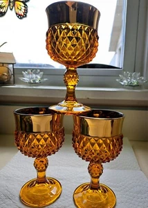 Indiana Glass Diamond Point Wine Goblets w/ Gold Band 5.25" Set 3 Rare? - Picture 1 of 10