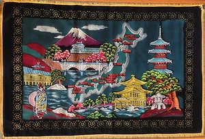 Vintage Japenese Tapestry Black Velvet - Japan Map, Temples, Mt Fuji 36"X54" - Picture 1 of 11