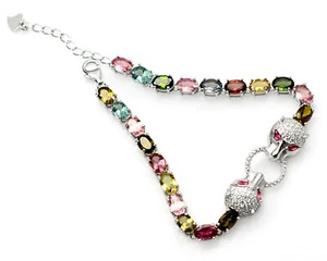 925 Sterling Silver Natural Tourmaline Gemstone October Birthstone Bracelet - Picture 1 of 8