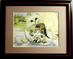 WHITE PERSIAN CAT PICTURE CHIPMUNK TEA POT JOY CAMPBELL MATTED FRAMED 11X14 - Picture 1 of 2