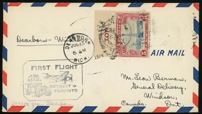 Dearborn USA to Windsor Canada First Airmail Flight Cover 5c Postage 1929 #C11 - Image 1 of 2