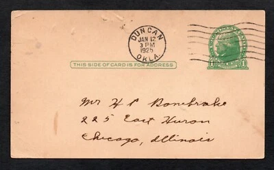 UX27, Used, Duncan, Oklahoma to H. P. Bonebrake, Chicago, Illinois, 1/12/1925 - Image 1 of 2