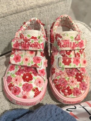 Lelli Kelly Primula Pink Red White Shoes floral sneakers 2 Straps Beaded Flower - Image 1 of 4