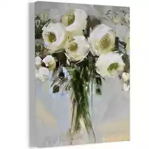 Painting of White Roses in a Vase Wall Art Canvas Unframed/Framed - Picture 1 of 6