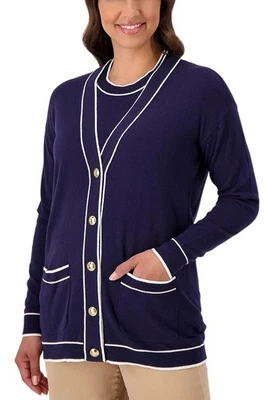 Isaac Mizrahi Live! Cárdigan suéter relajado con ribete en punta azul marino Foto 1 de 2