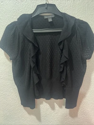 INC International Concepts Black Short Sleeve Ruffle Front Cardigan Size L Silk - Image 1 of 4