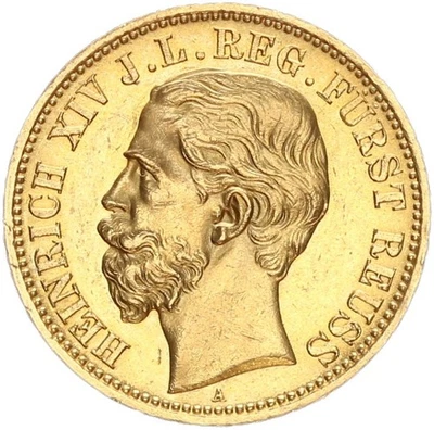 Reuß jüngerer Linie Heinrich XIV. 20 Mark 1881 A Gold vz+/f. stgl. Jäger 256 - Bild 1 von 3